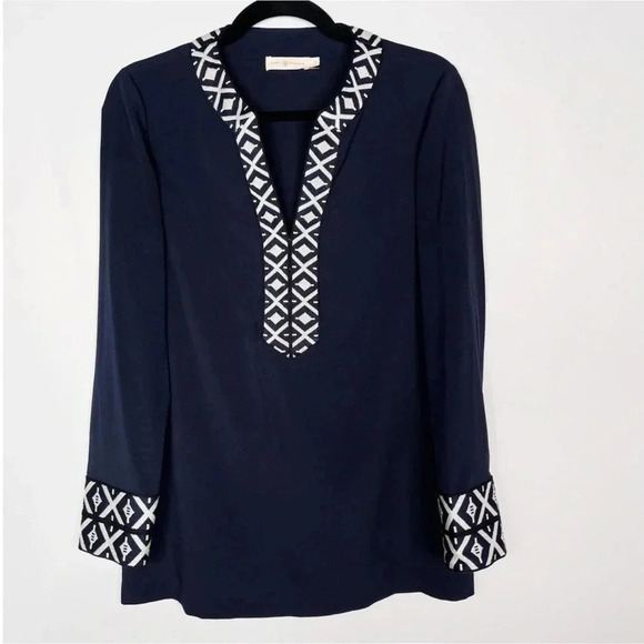 Tory Burch Ariana navy tunic embroidered trim long sleeve Size 2 - Picture 2 of 11
